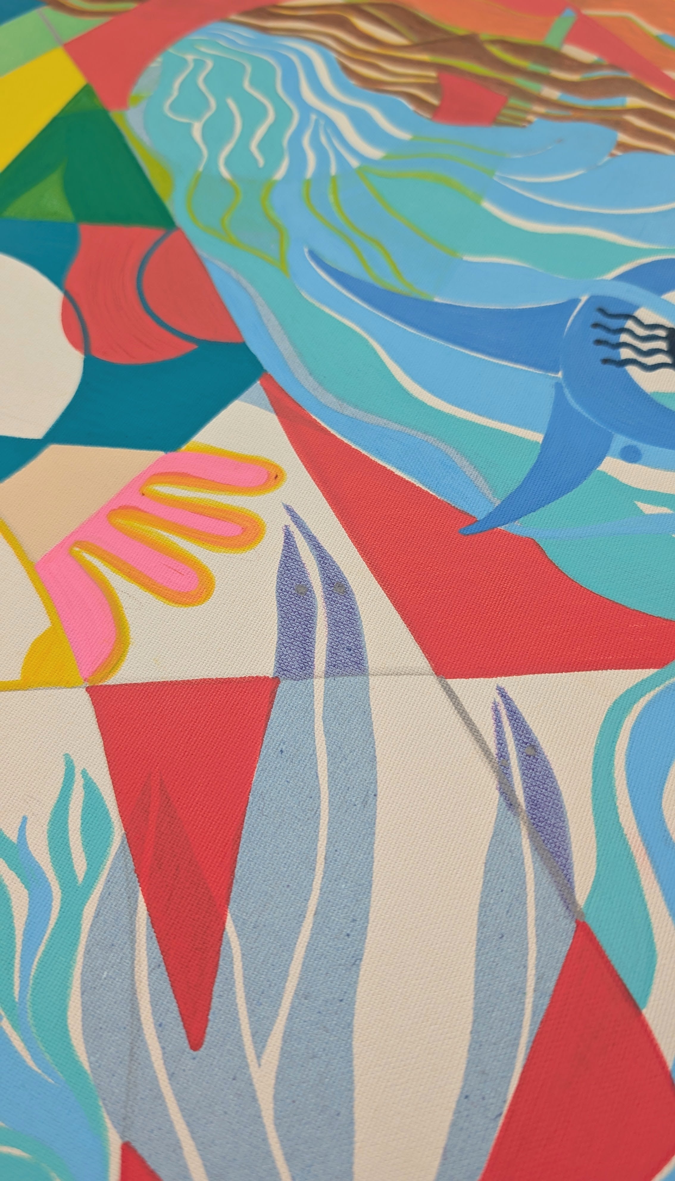 A close-up of a colorful abstract pattern with geometric shapes, wavy lines, and stylized fish in blue, red, teal, pink, yellow, green, and cream. By Loveleen Saxena