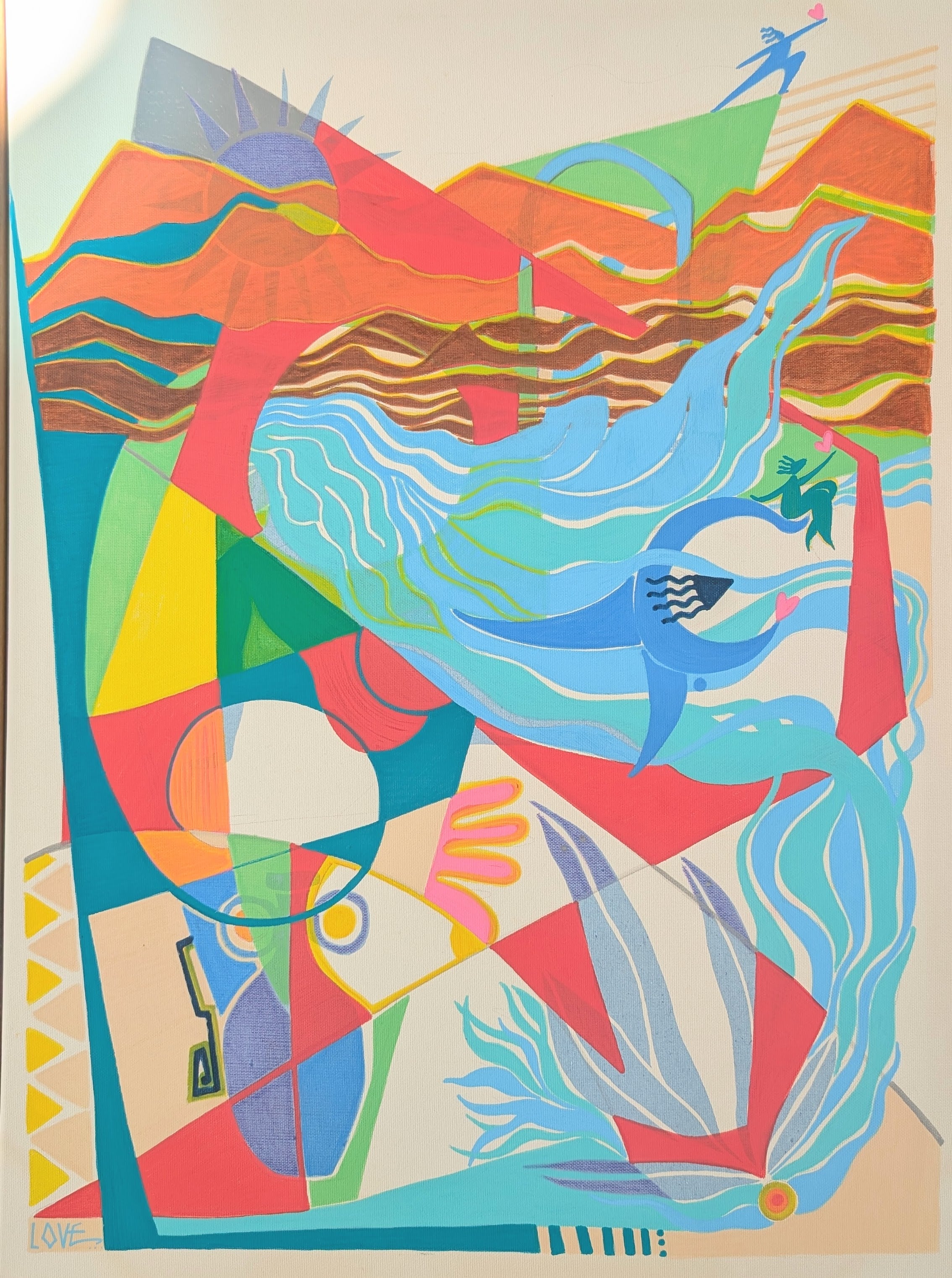 A colorful abstract art print featuring geometric shapes, flowing blue wave-like forms, stylized figures, and layered landscape-like bands in red, orange, green, yellow, blue, and teal on a light beige background. By Loveleen Saxena