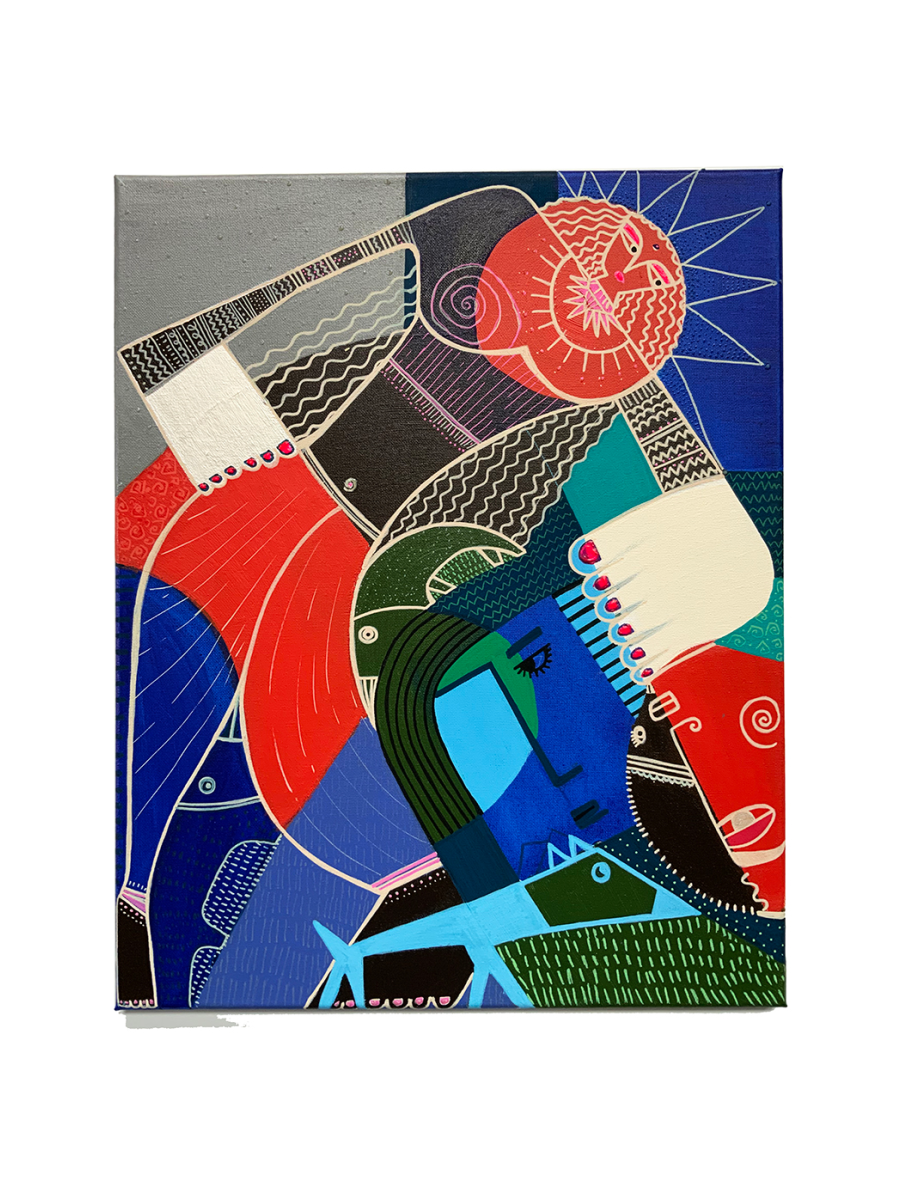 Abstract artwork with geometric shapes and bold colors on a white background