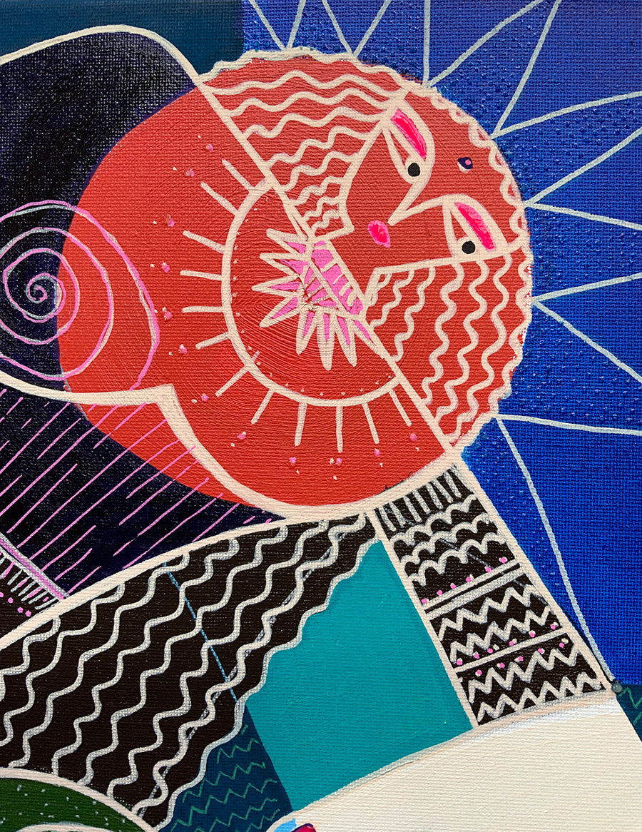 Abstract art piece with geometric shapes and patterns on a blue background