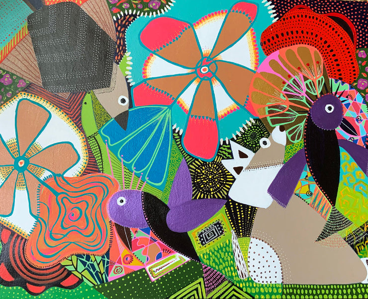 Colorful abstract design with animals and geometric shapes