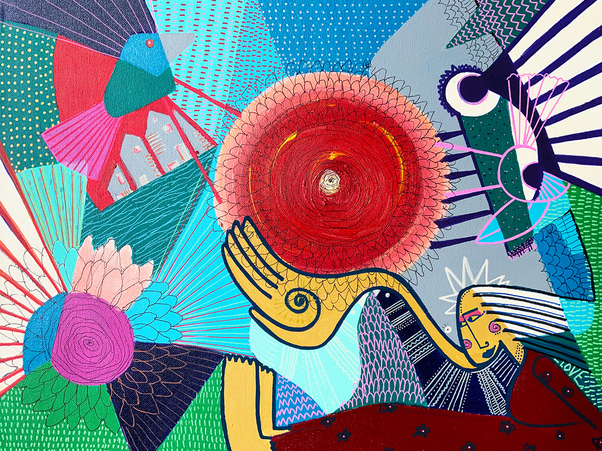 Colorful abstract artwork with geometric shapes and patterns