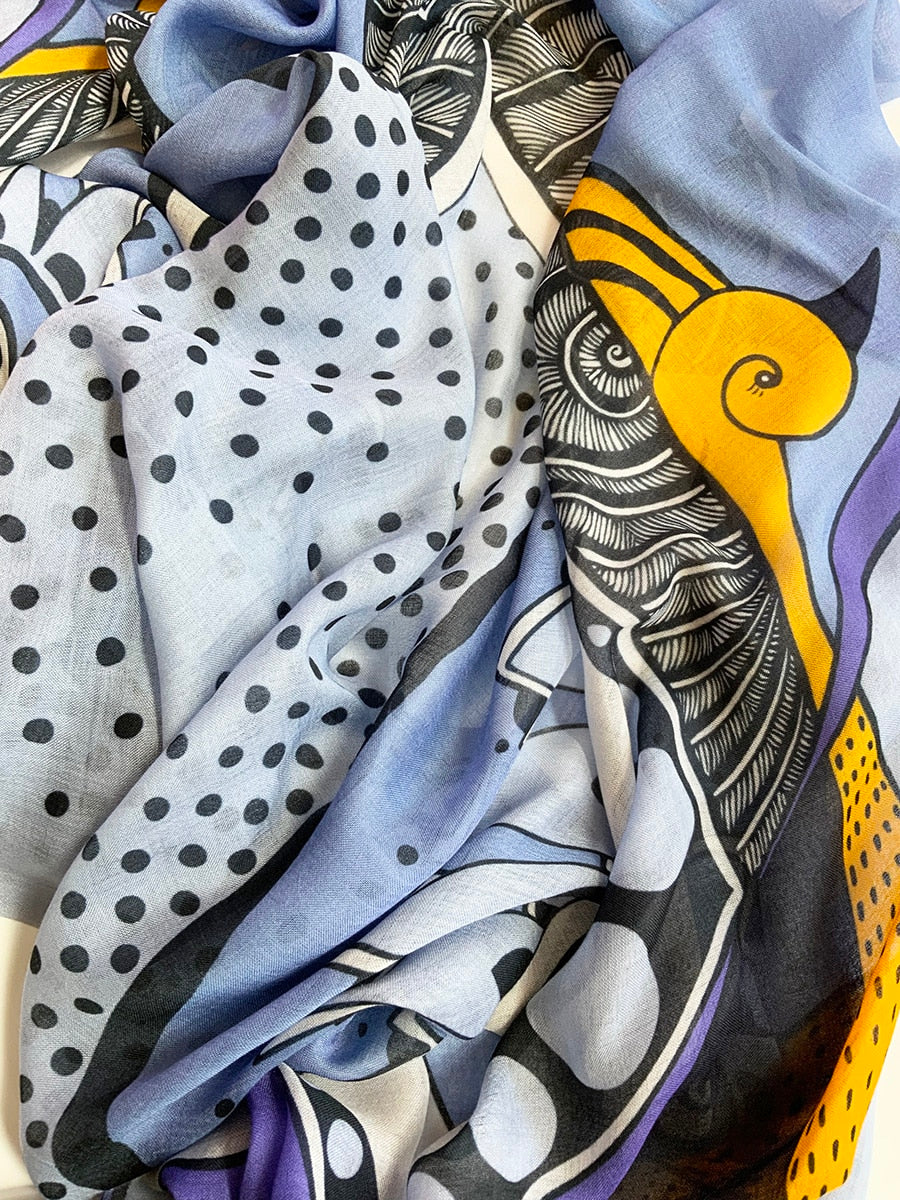 calm and still scarf grey yellow bird