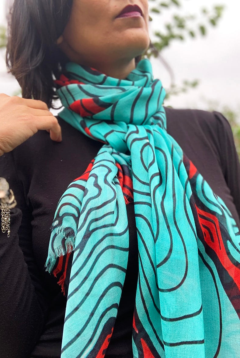 blue red squiggly pattern scarf
