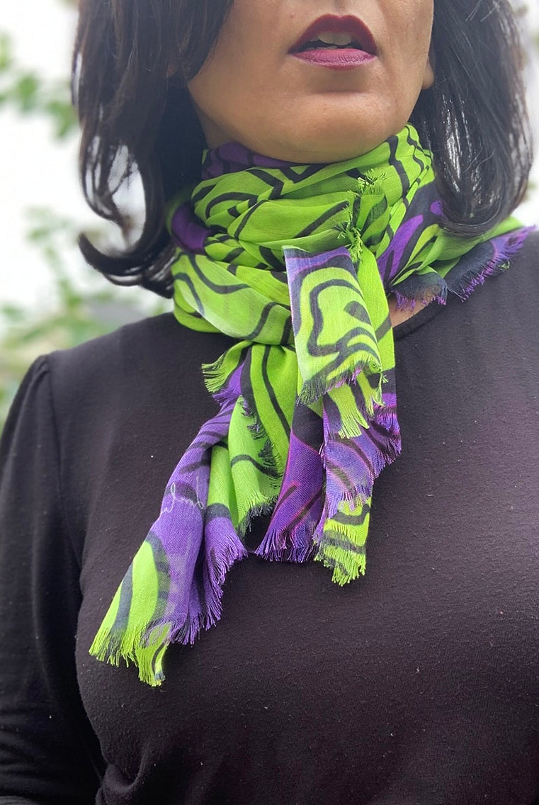 purple neon green squiggly pattern scarf