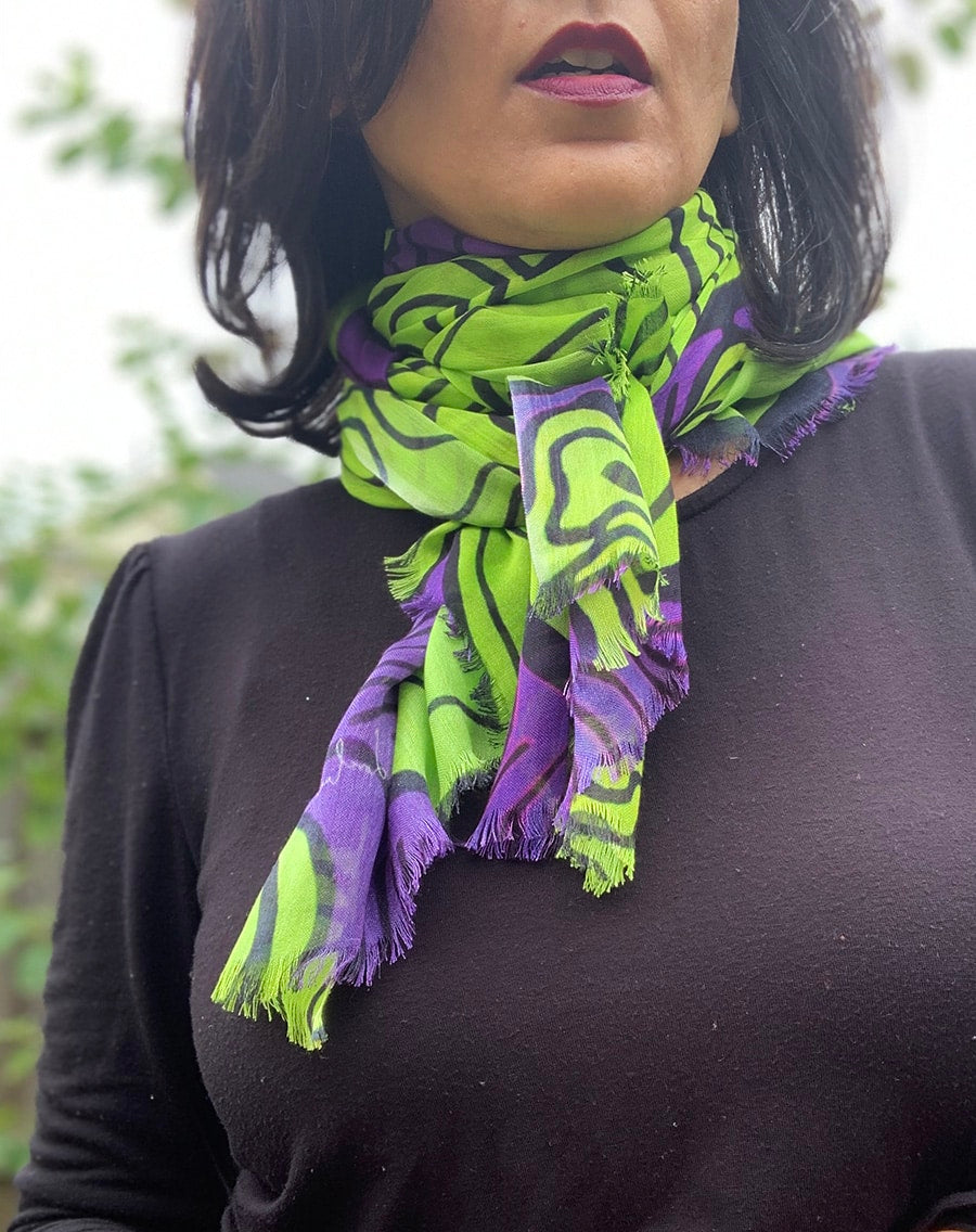 purple neon green squiggly pattern scarf