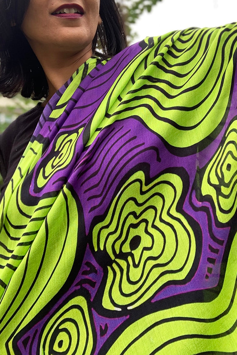 purple neon green squiggly pattern scarf