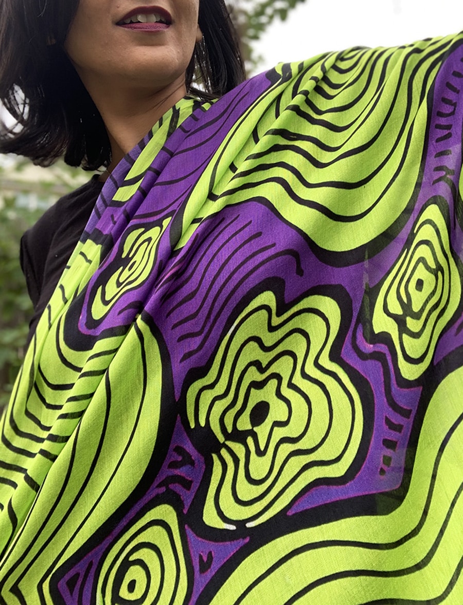 purple neon green squiggly pattern scarf