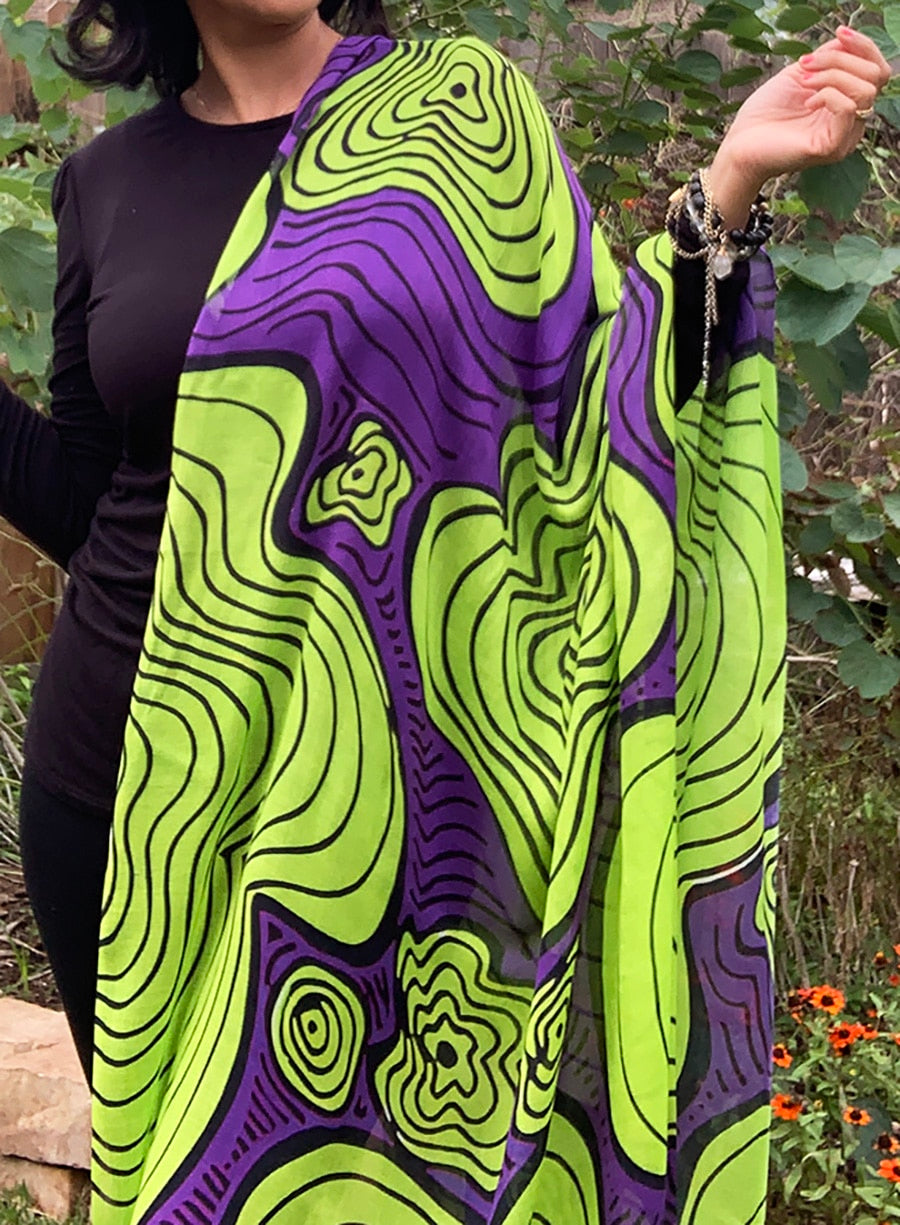 purple neon green squiggly pattern scarf
