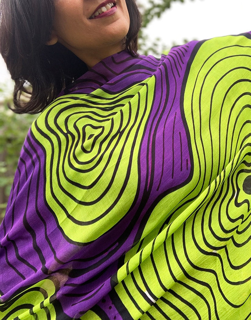 purple neon green squiggly pattern scarf