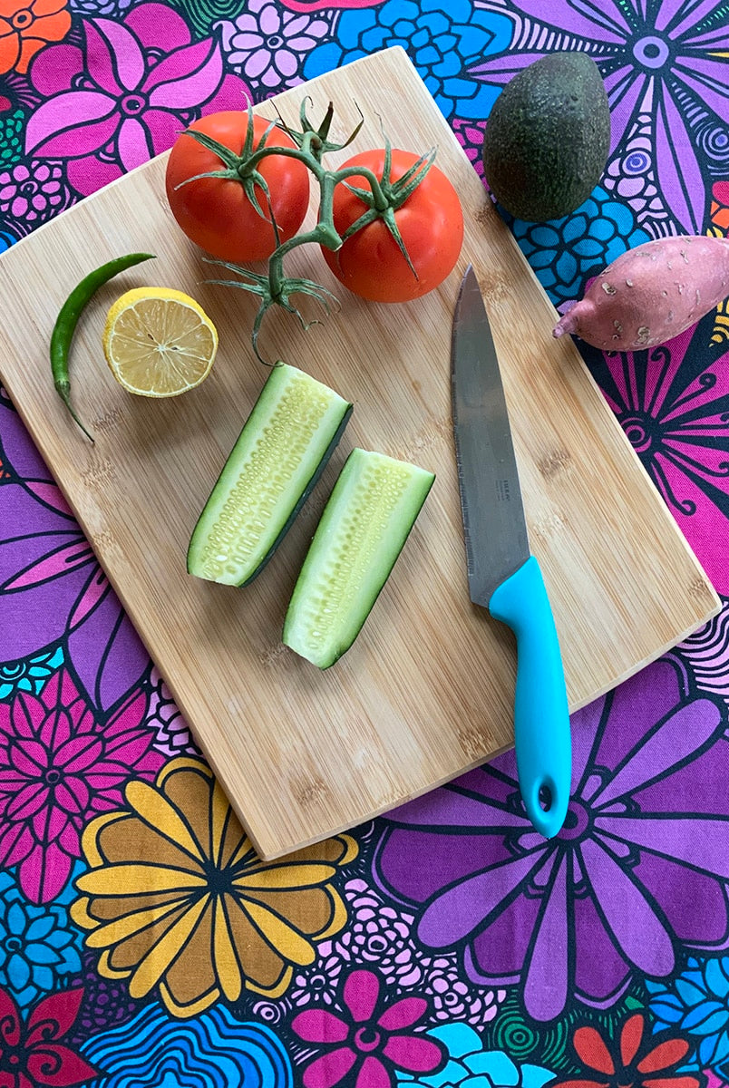 I'm blooming - colorful flower tea towels with chopping board