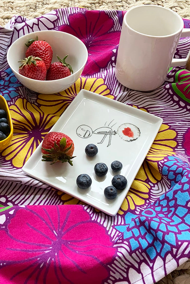bright flowers tea towel with berries on plate