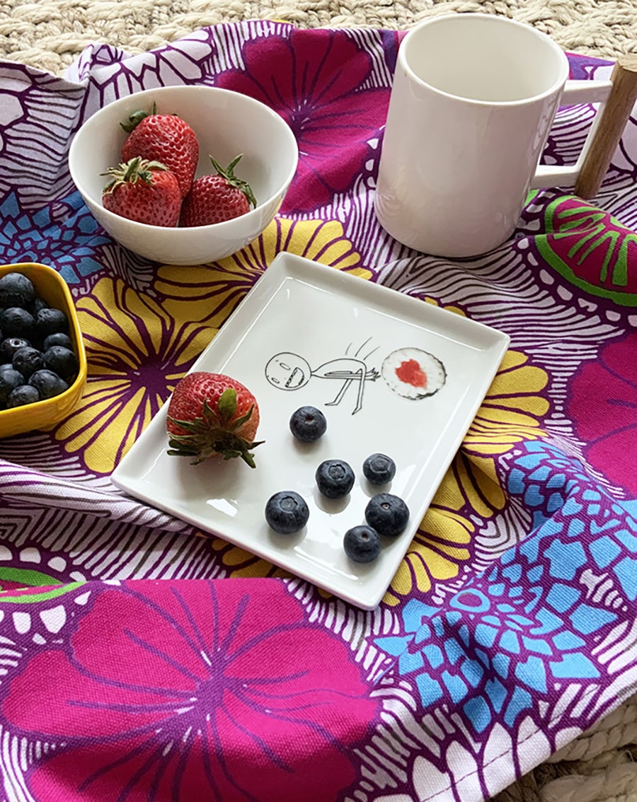 bright flowers tea towel with berries on plate