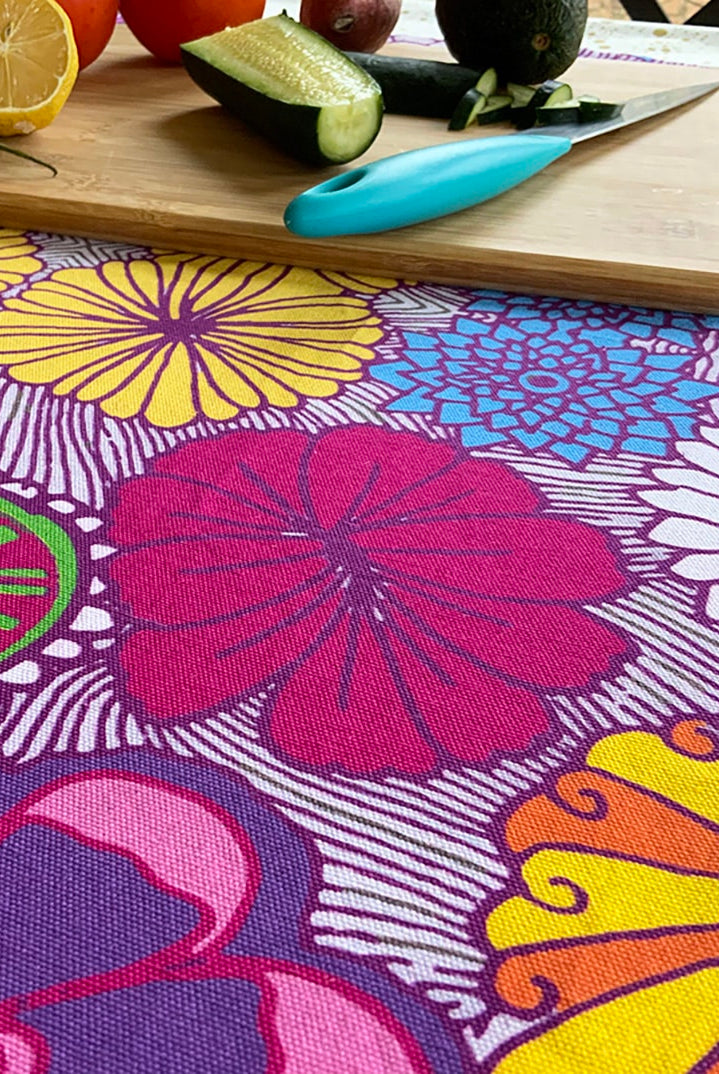 bright spring flower tea towel in the kitchen