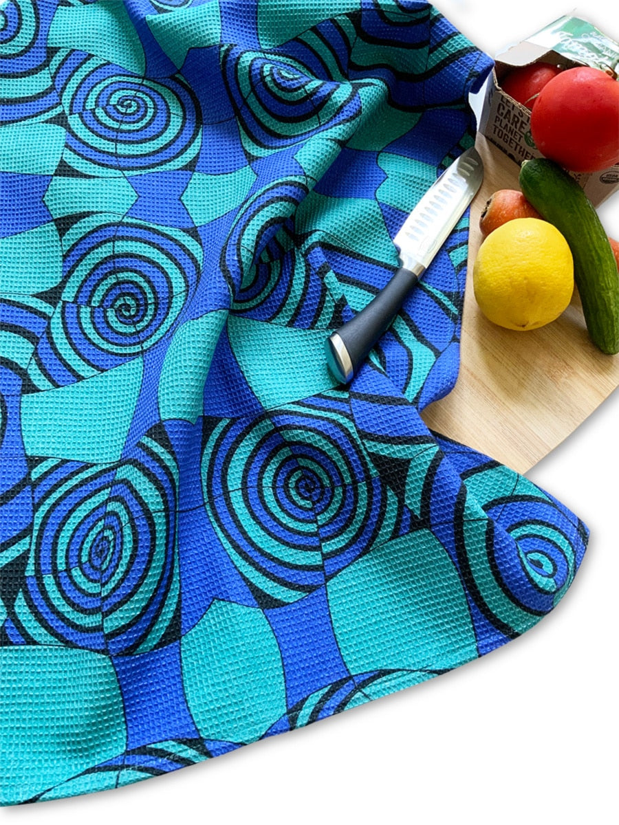 Tea towels-spirals-bluegreen-waffle
