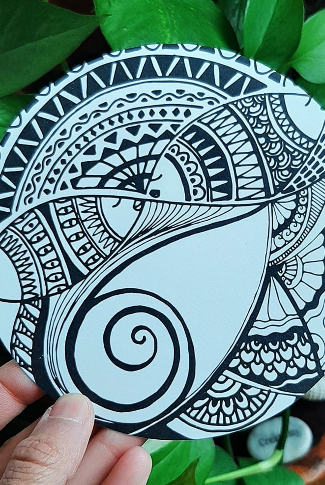 Circle doodle coloring art card with fish