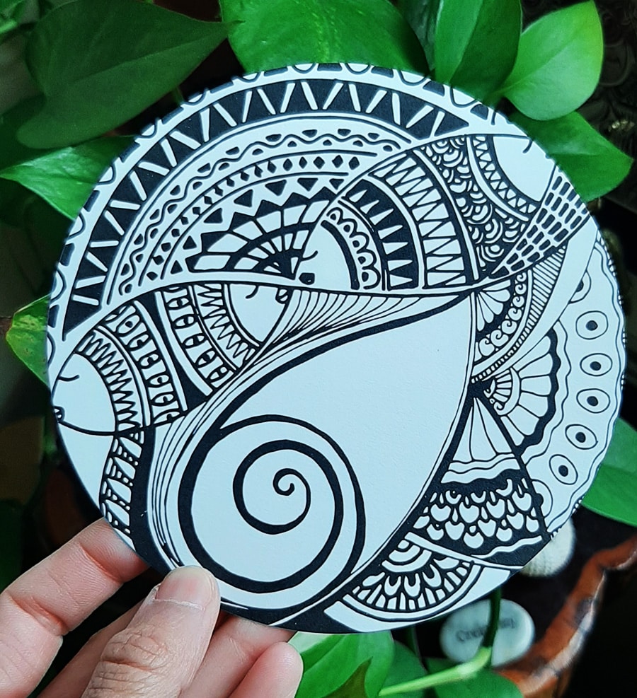 Circle doodle coloring art card with fish