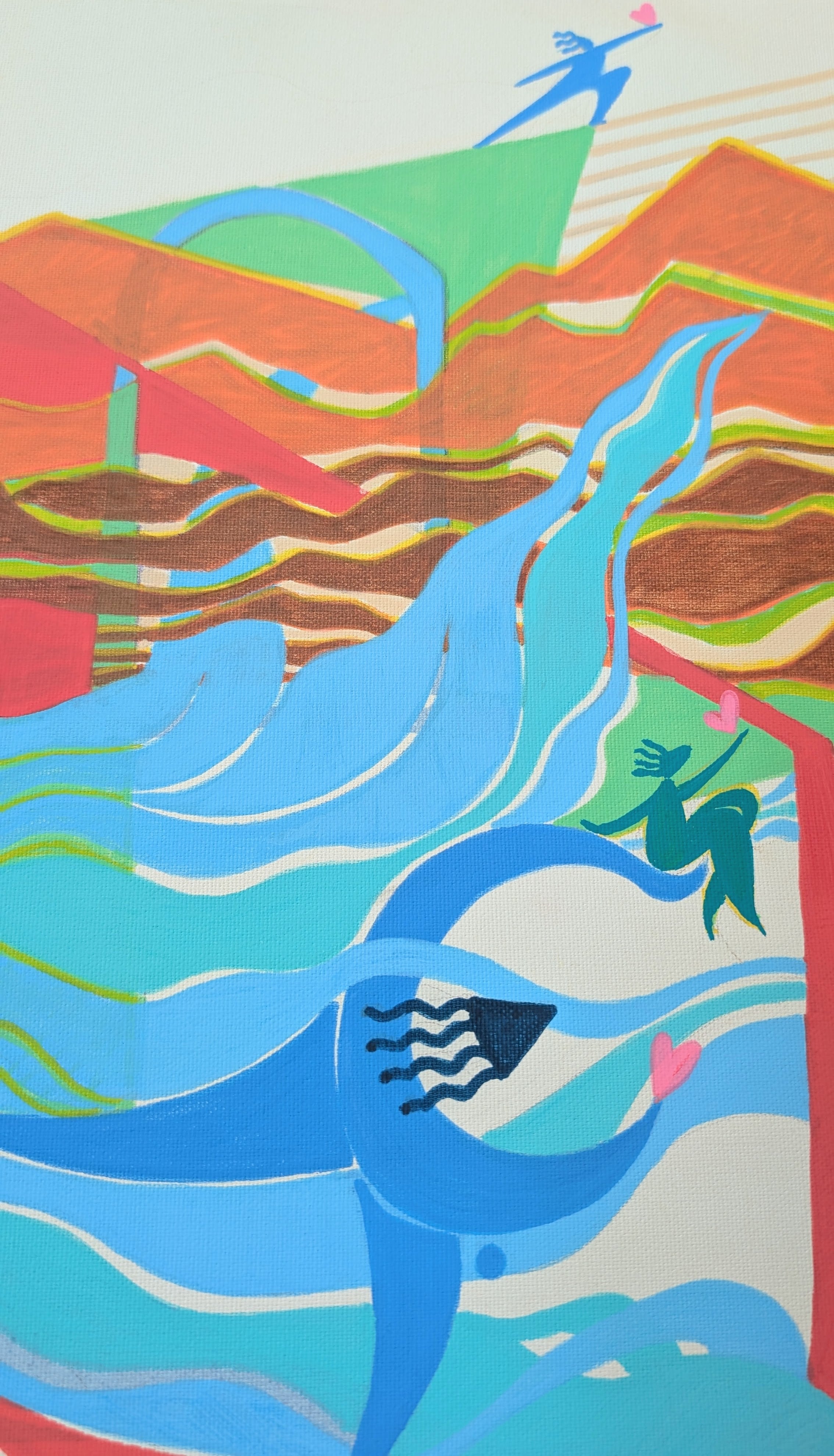 Colorful abstract artwork depicting stylized blue waves, orange and green hills, and small human-like figures in a geometric, painterly composition.