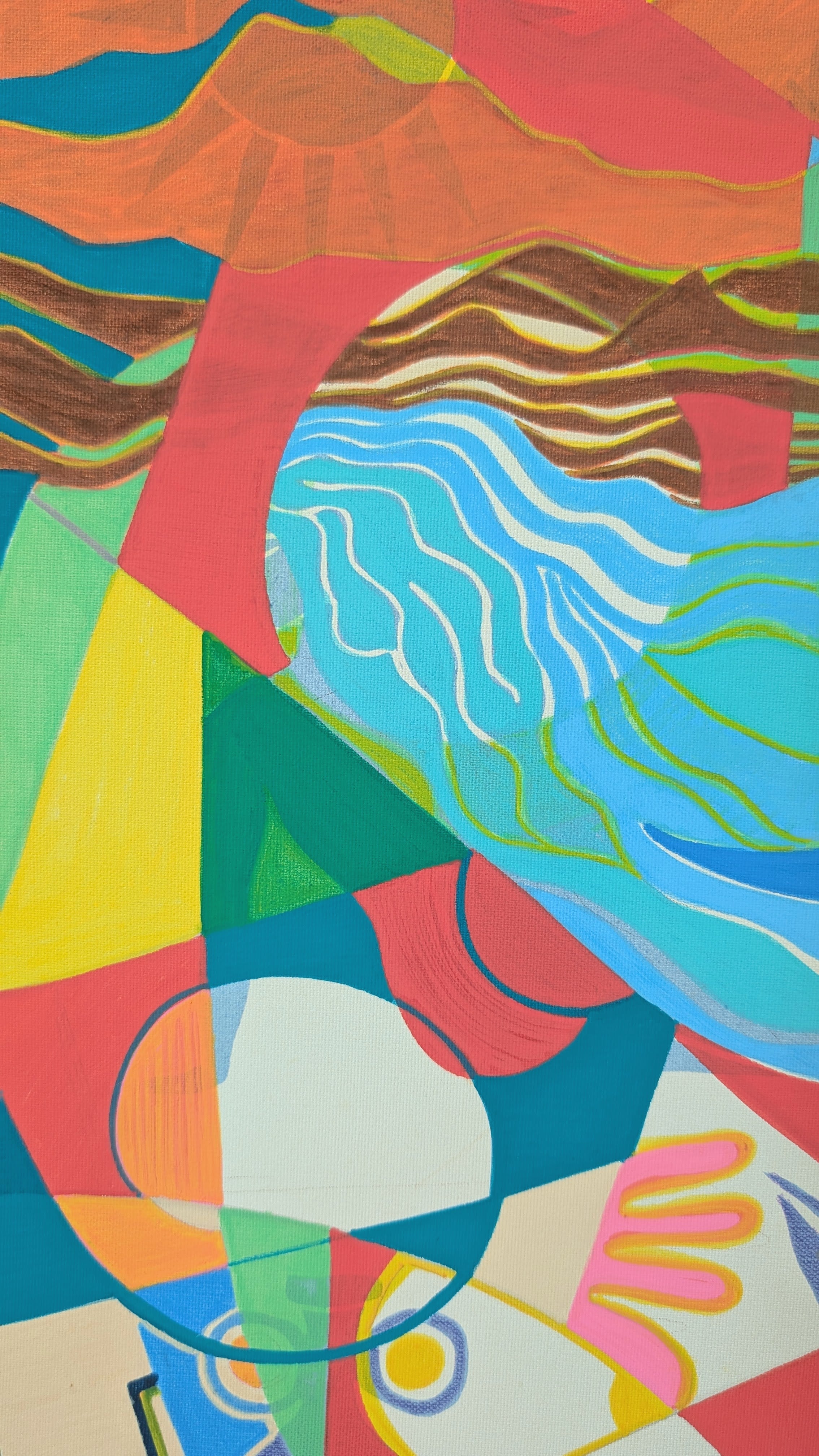 A colorful abstract painting with geometric shapes and flowing lines in orange, red, blue, green, yellow, pink, and white, filling the entire frame. By Loveleen Saxena 