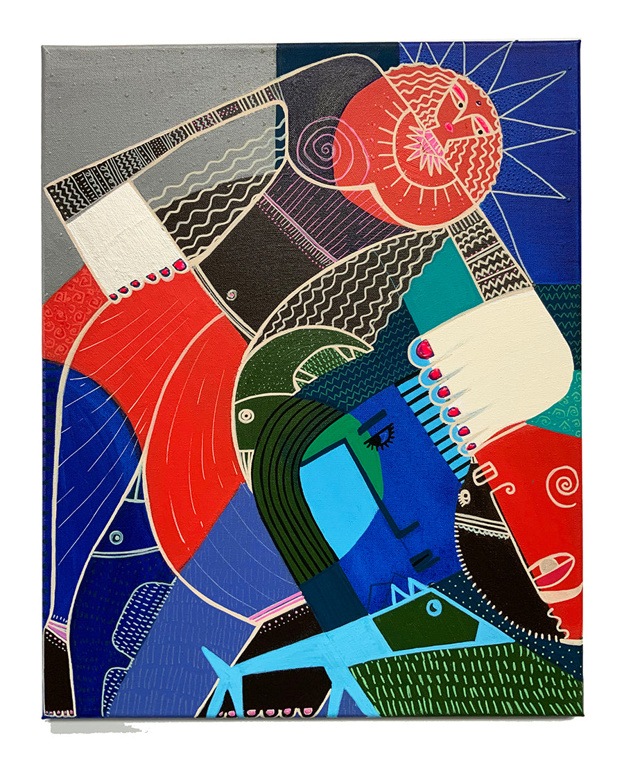 Abstract artwork with geometric shapes and bold colors on a gray background