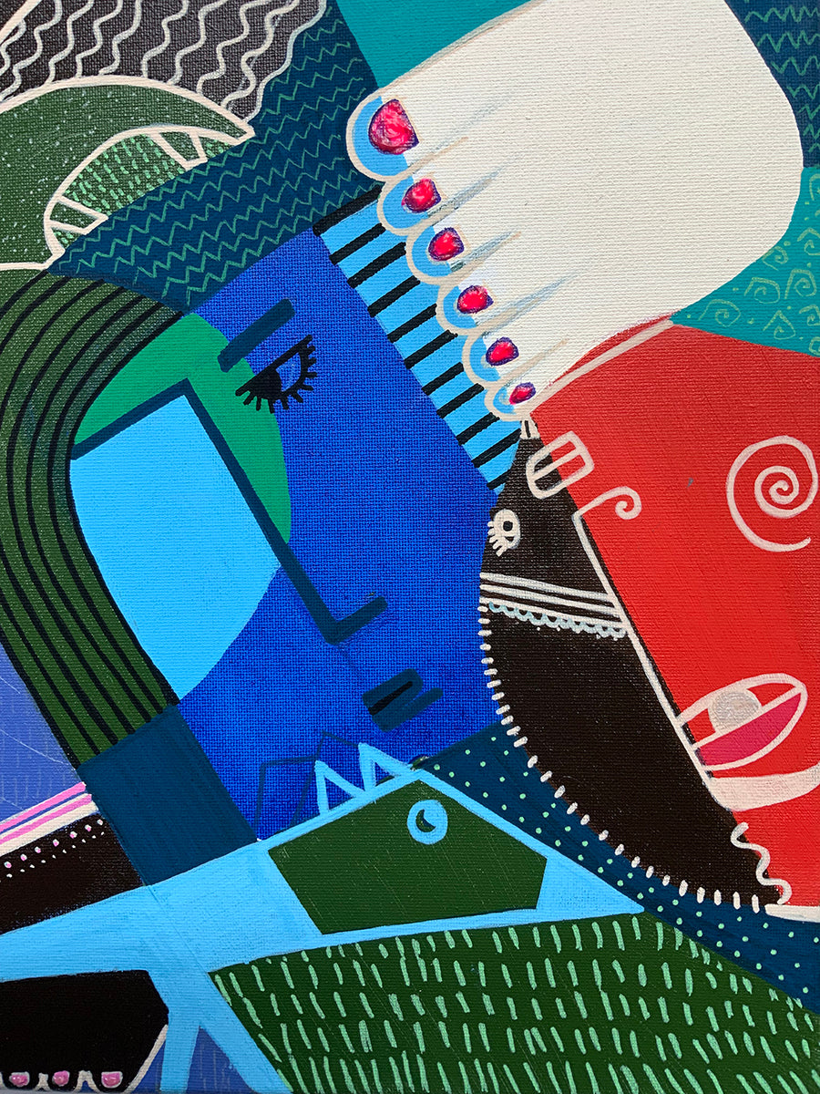 Abstract artwork with colorful faces and patterns