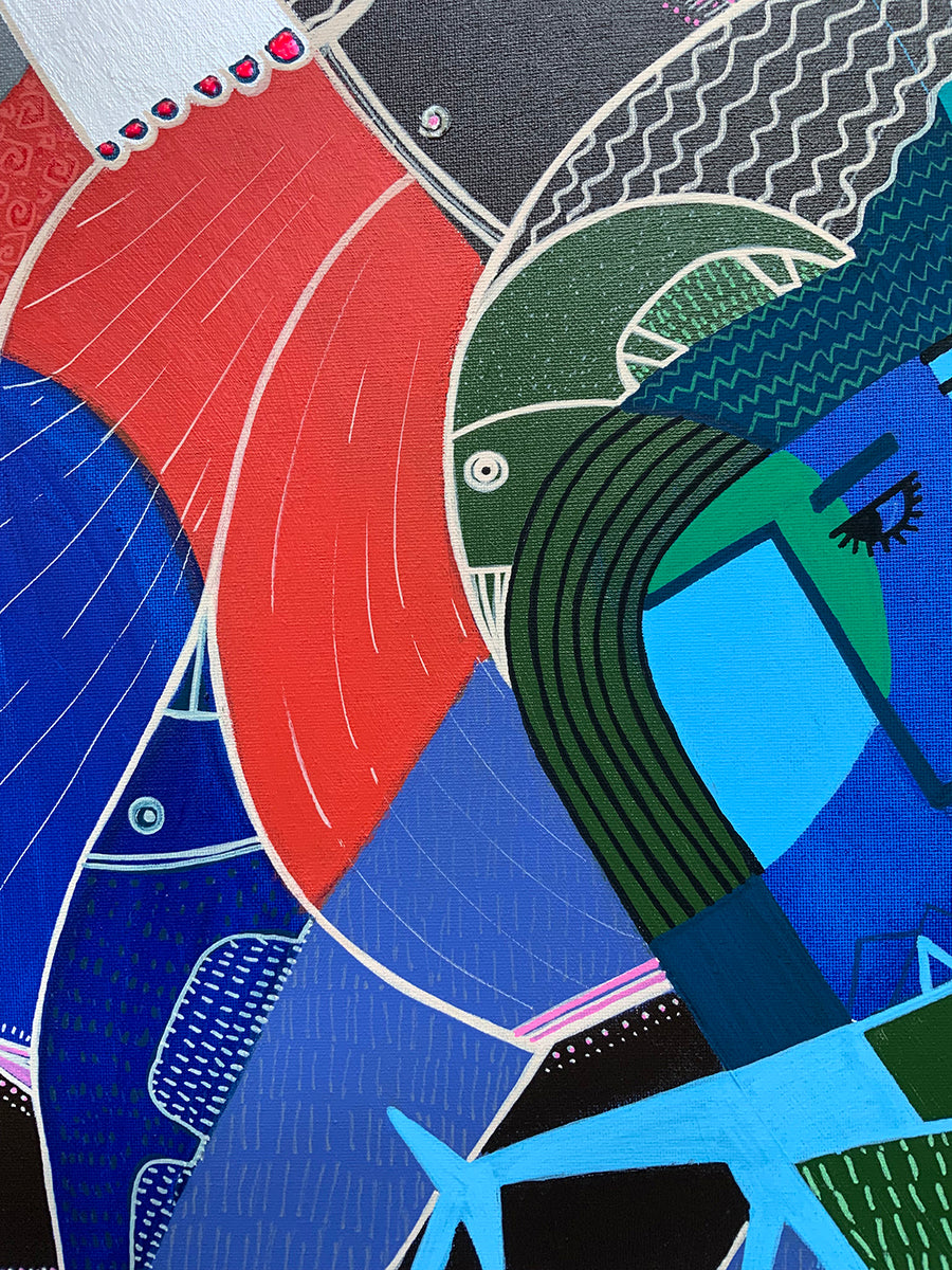 Abstract art piece with geometric shapes and patterns in red, blue, green, and black.