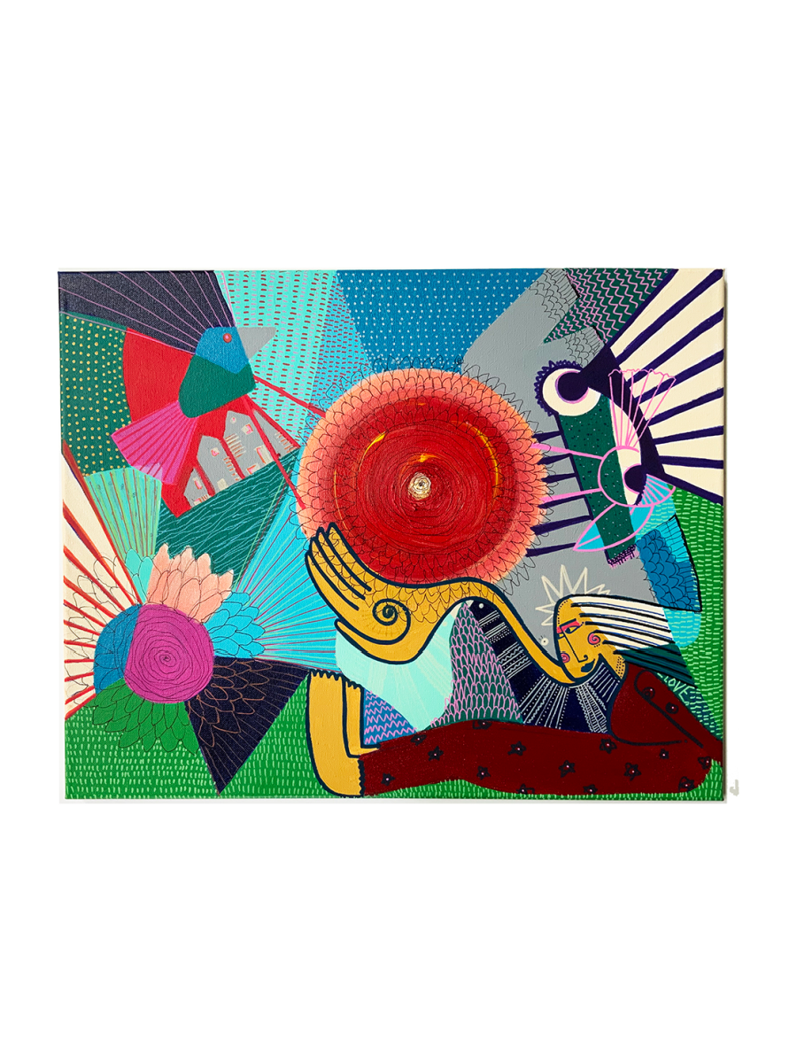 Colorful abstract artwork with geometric shapes and a prominent red circle on a white background