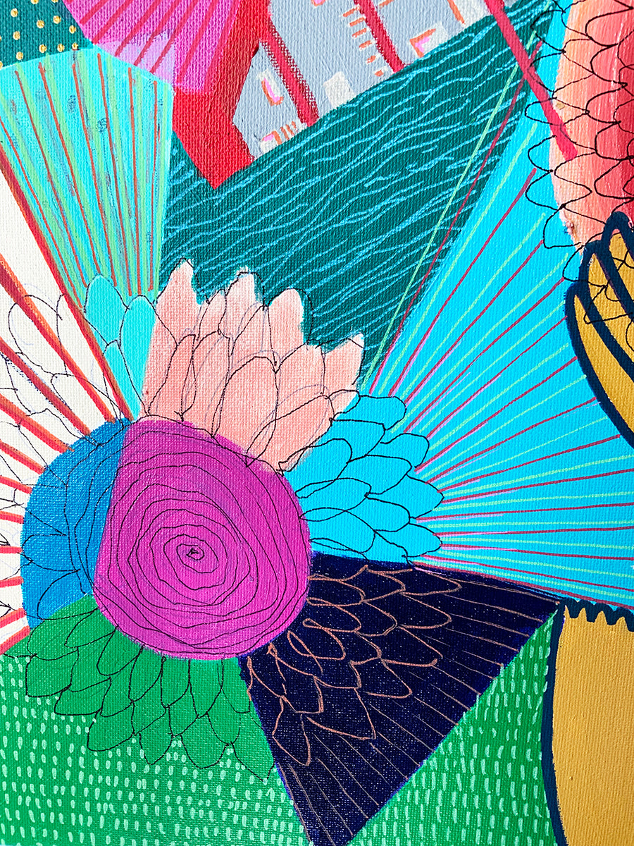 Colorful abstract art piece with geometric shapes and floral elements.