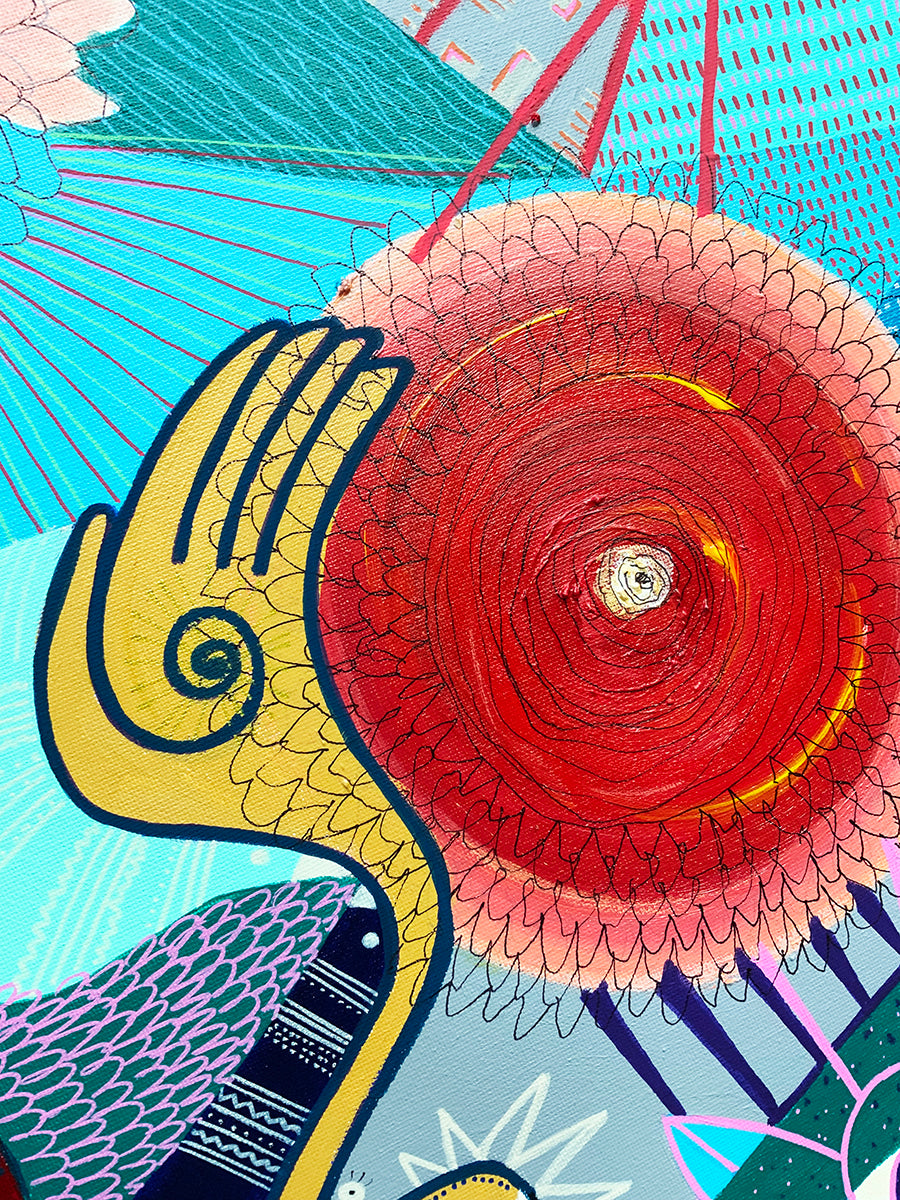 Colorful abstract artwork with a red circular design and yellow hand-like shape.