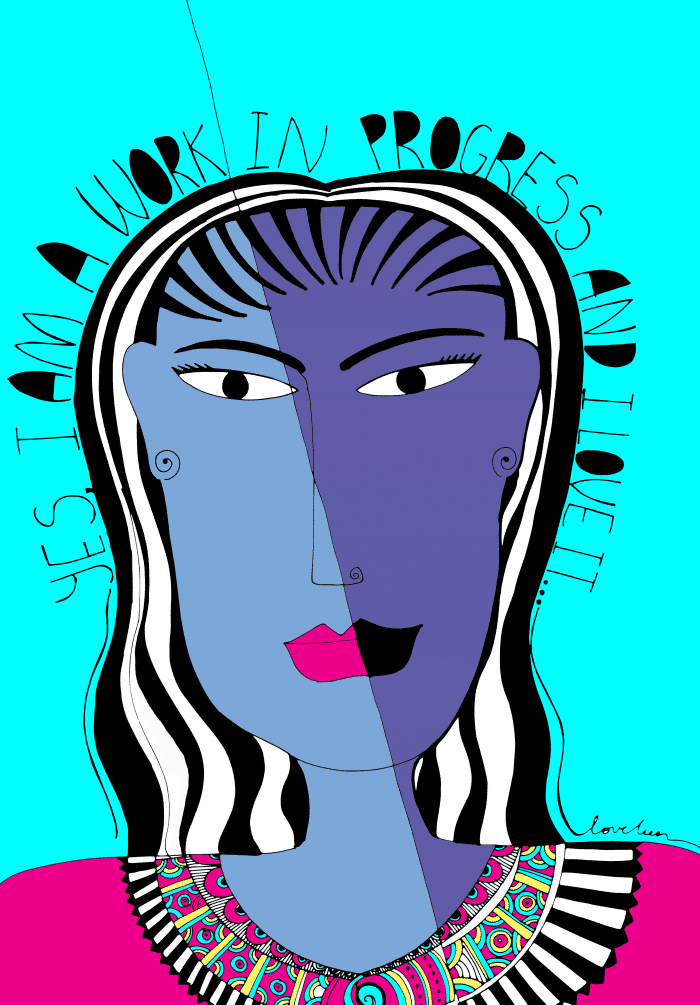 Work in progress art print with blue background