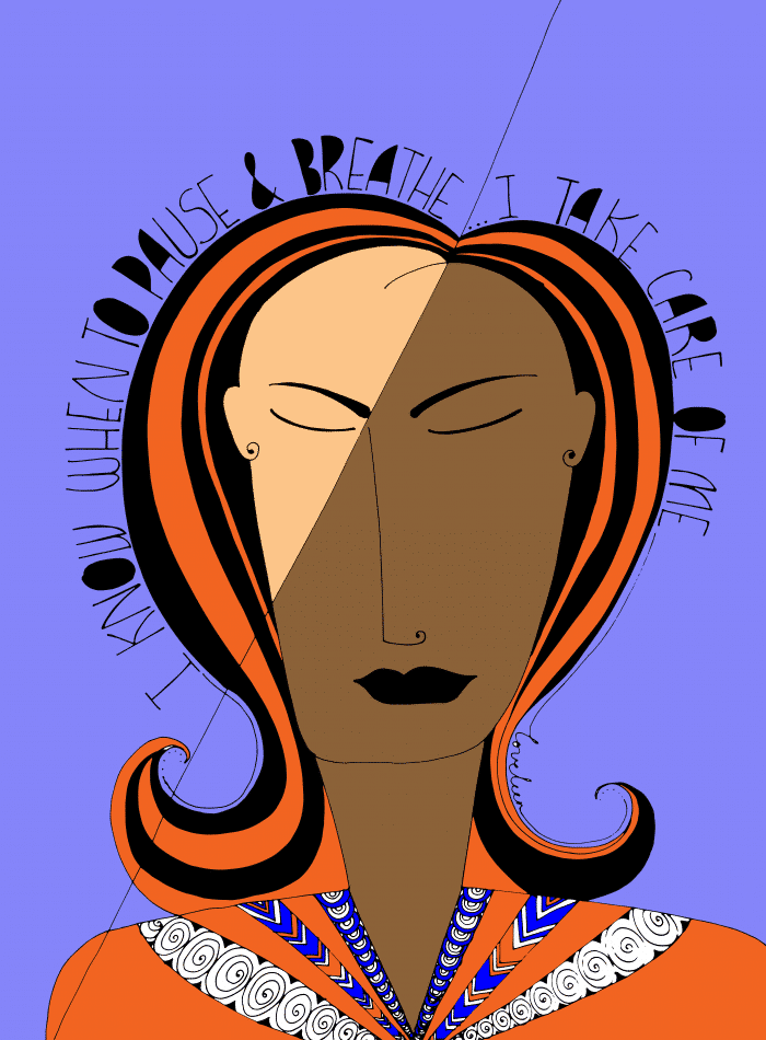 Pause and breathe Art Print: orange with purple background