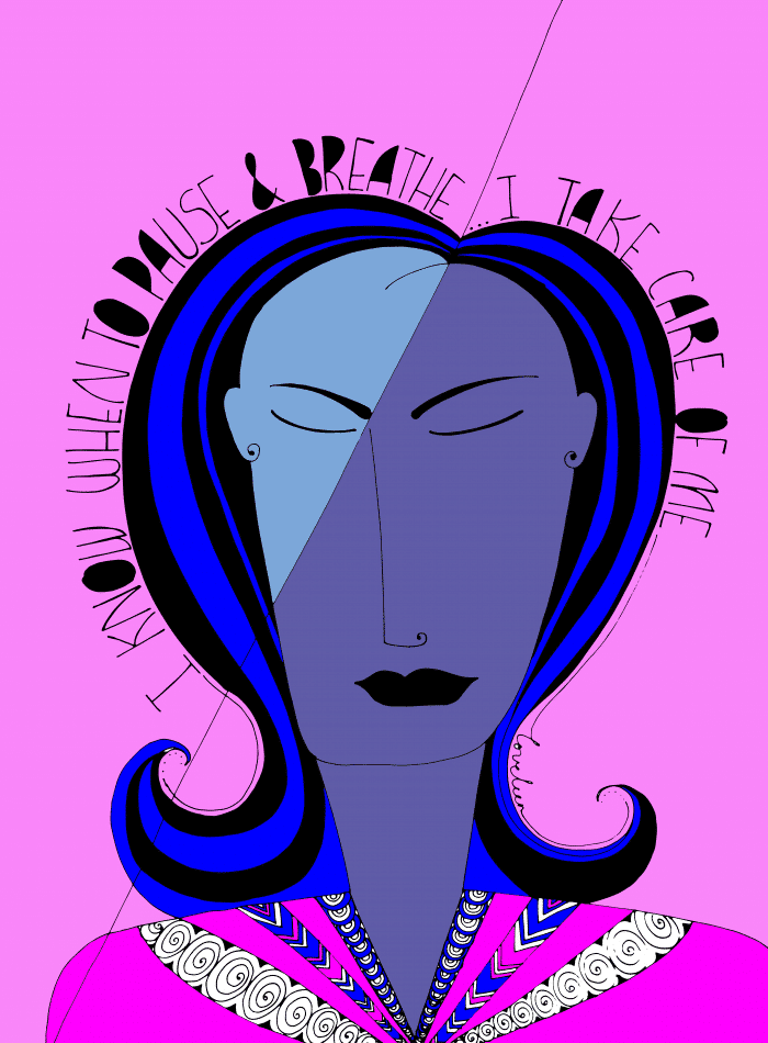 Pause and Breathe art print: Blue with pink background