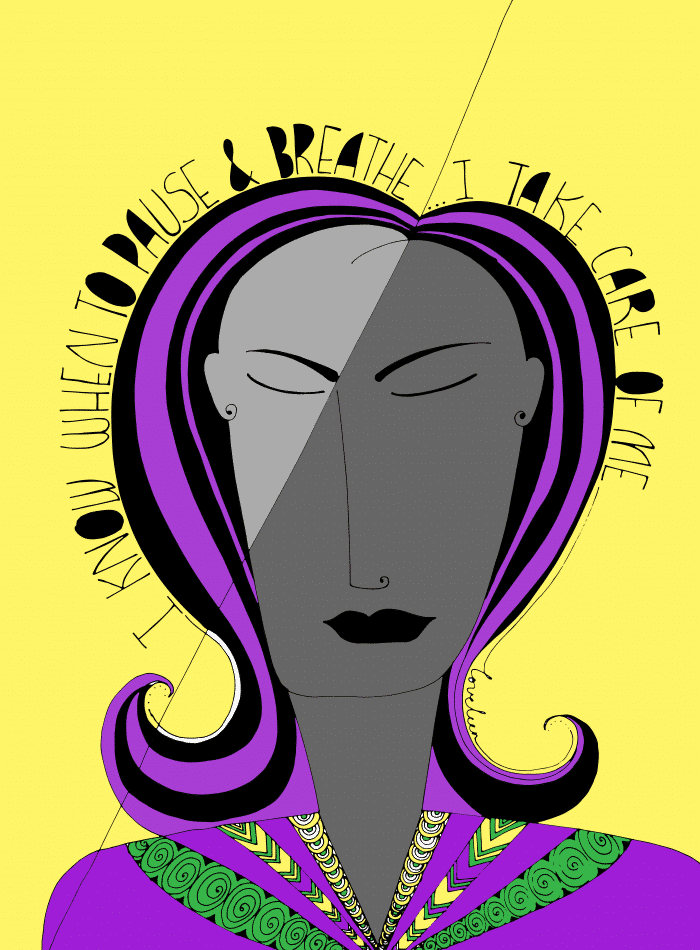 Pause and breathe art print: Purple with yellow background