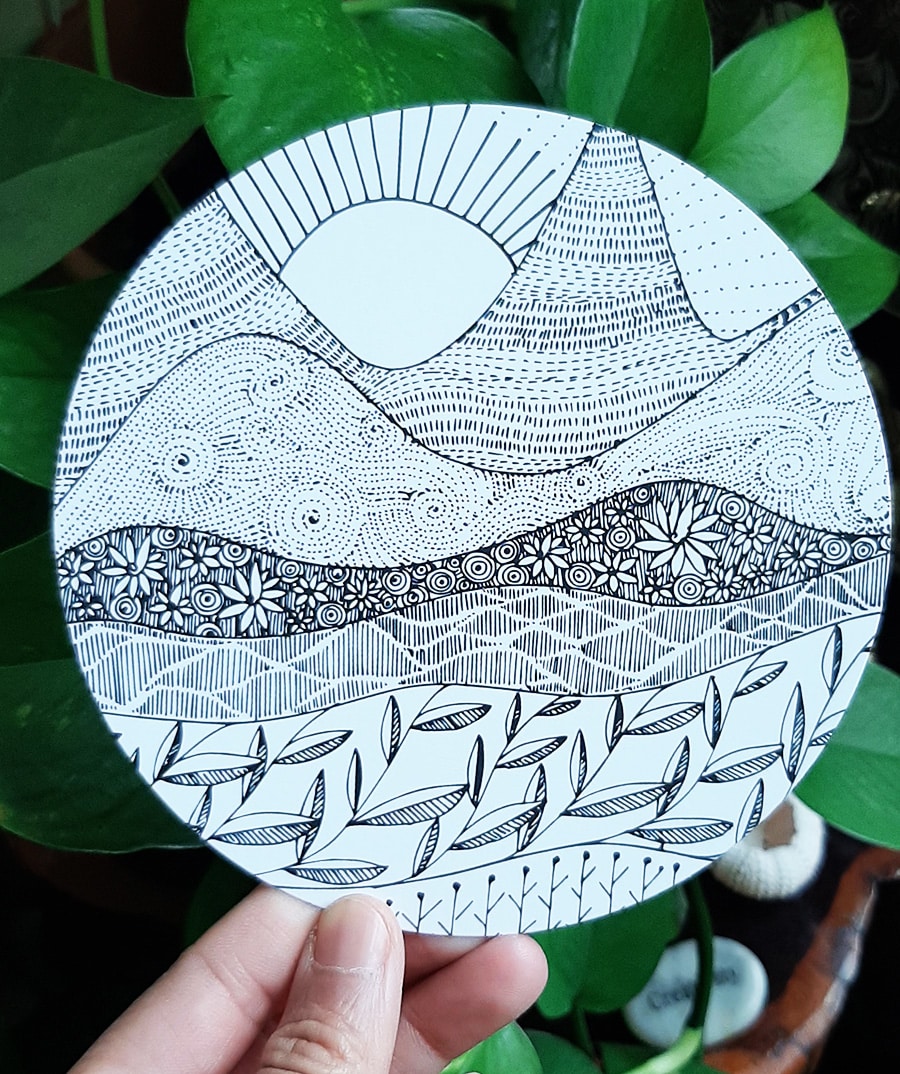 Sun and mountain doodle coloring card