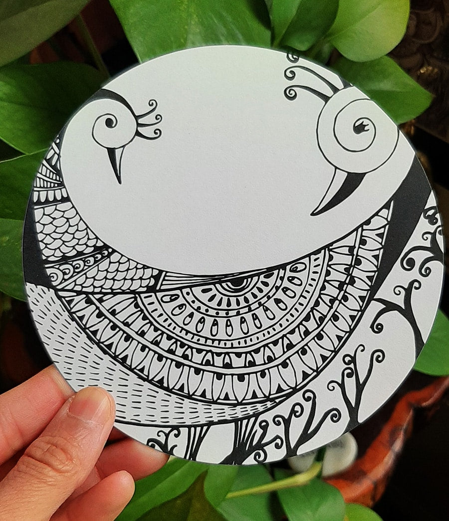 Circle doodle coloring card: Peacocks