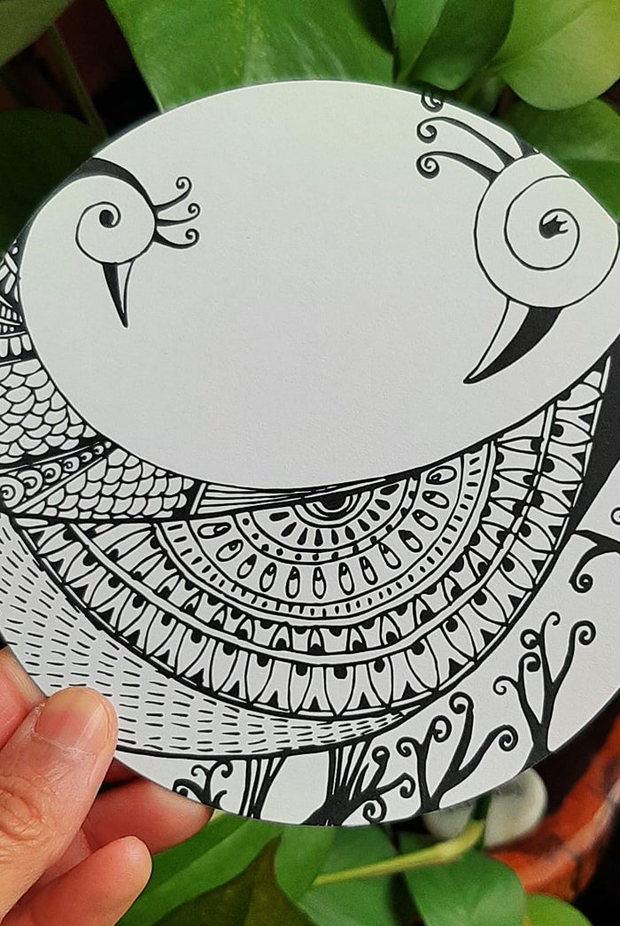 Circle doodle coloring card: Peacocks