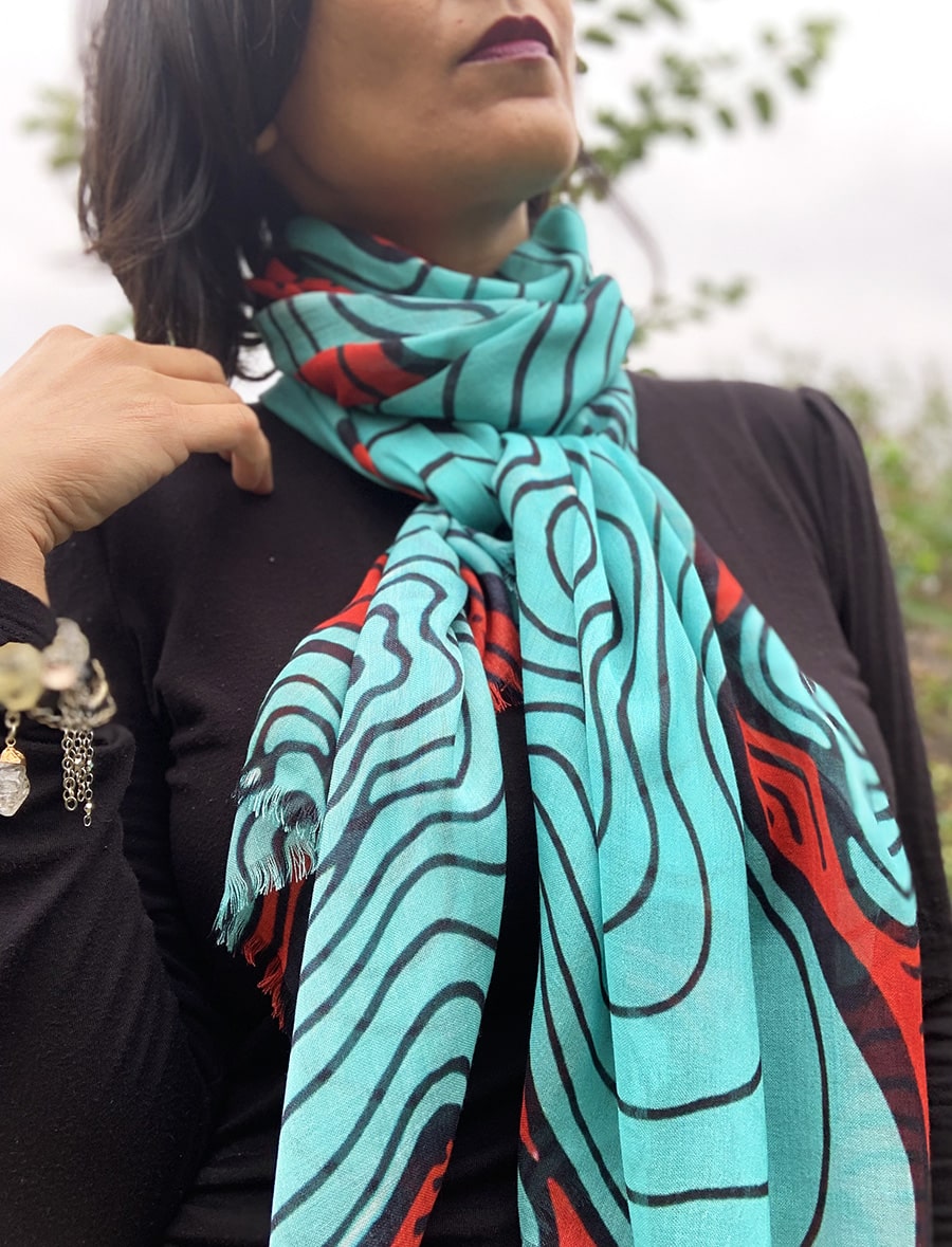 blue red squiggly pattern scarf