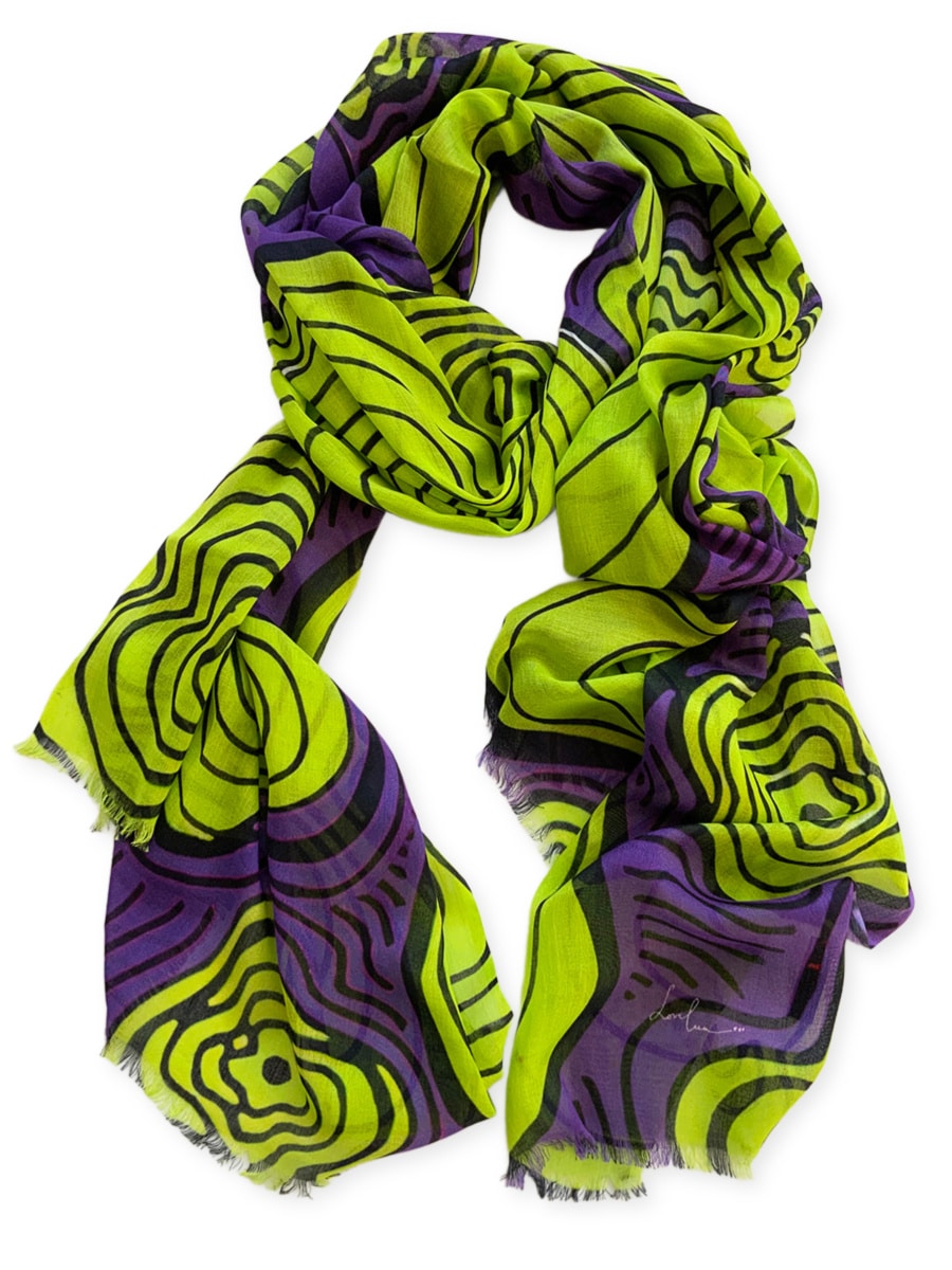 purple neon green squiggly pattern scarf