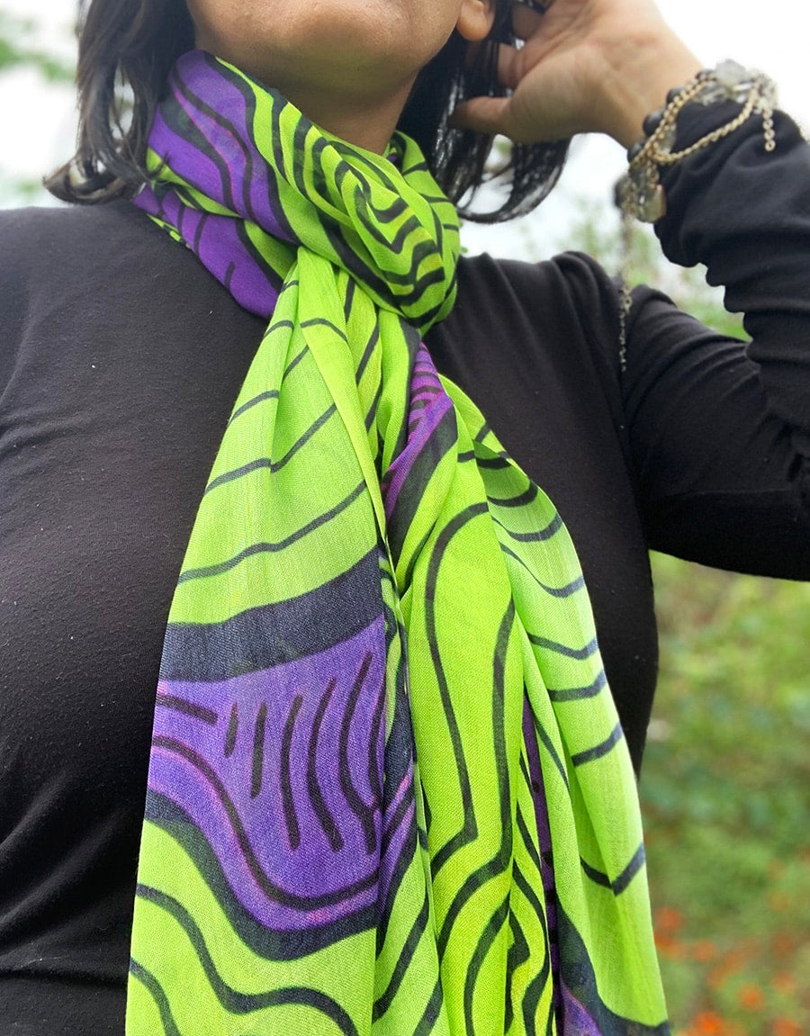purple neon green squiggly pattern scarf