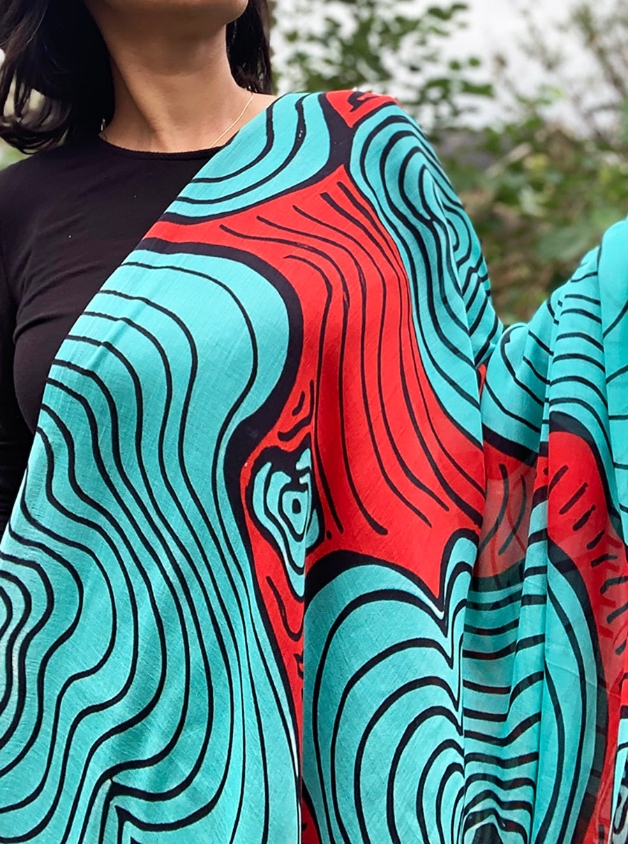 blue red squiggly pattern scarf