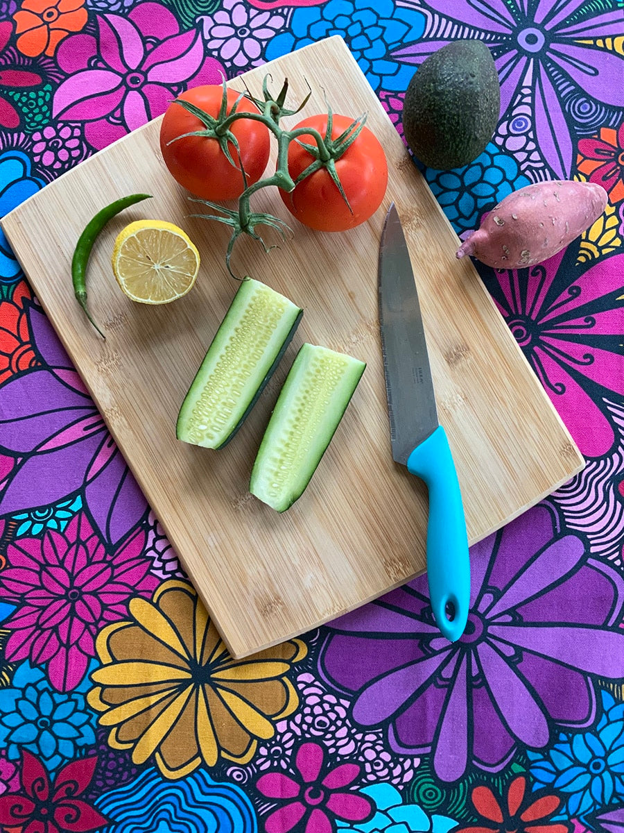 I'm blooming - colorful flower tea towels with chopping board