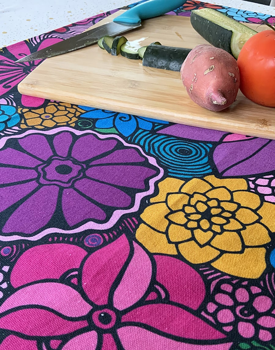 I'm blooming - colorful flower tea towels with chopping board