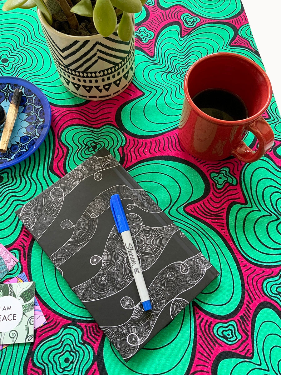 Tea towels-green-pink-squiggly-pattern-plain