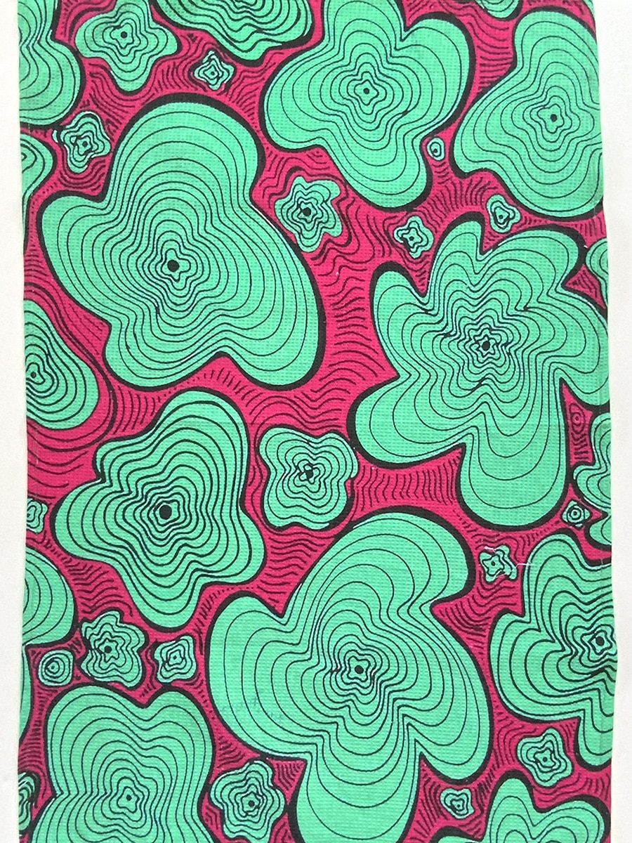 Tea towels-green-pink-squiggly-pattern-waffle