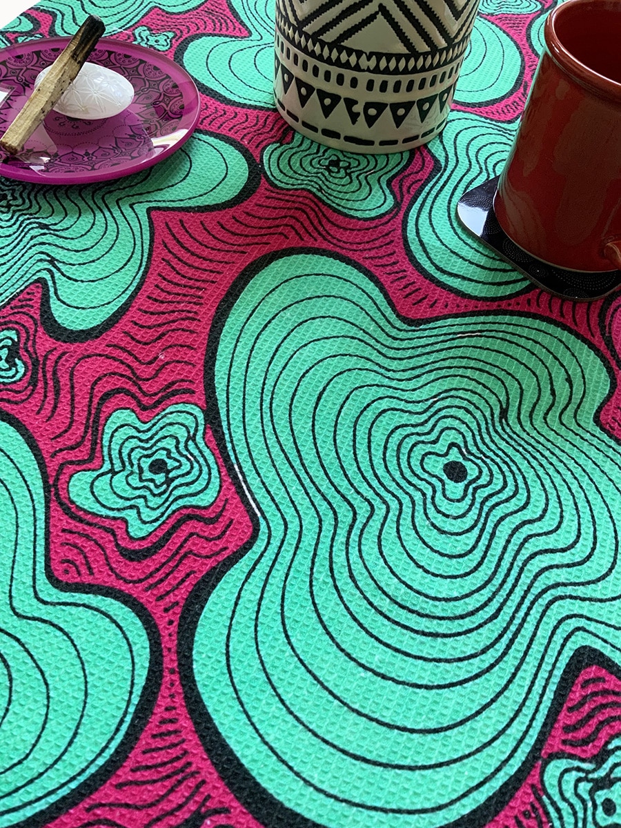 Tea towels-green-pink-squiggly-pattern-waffle