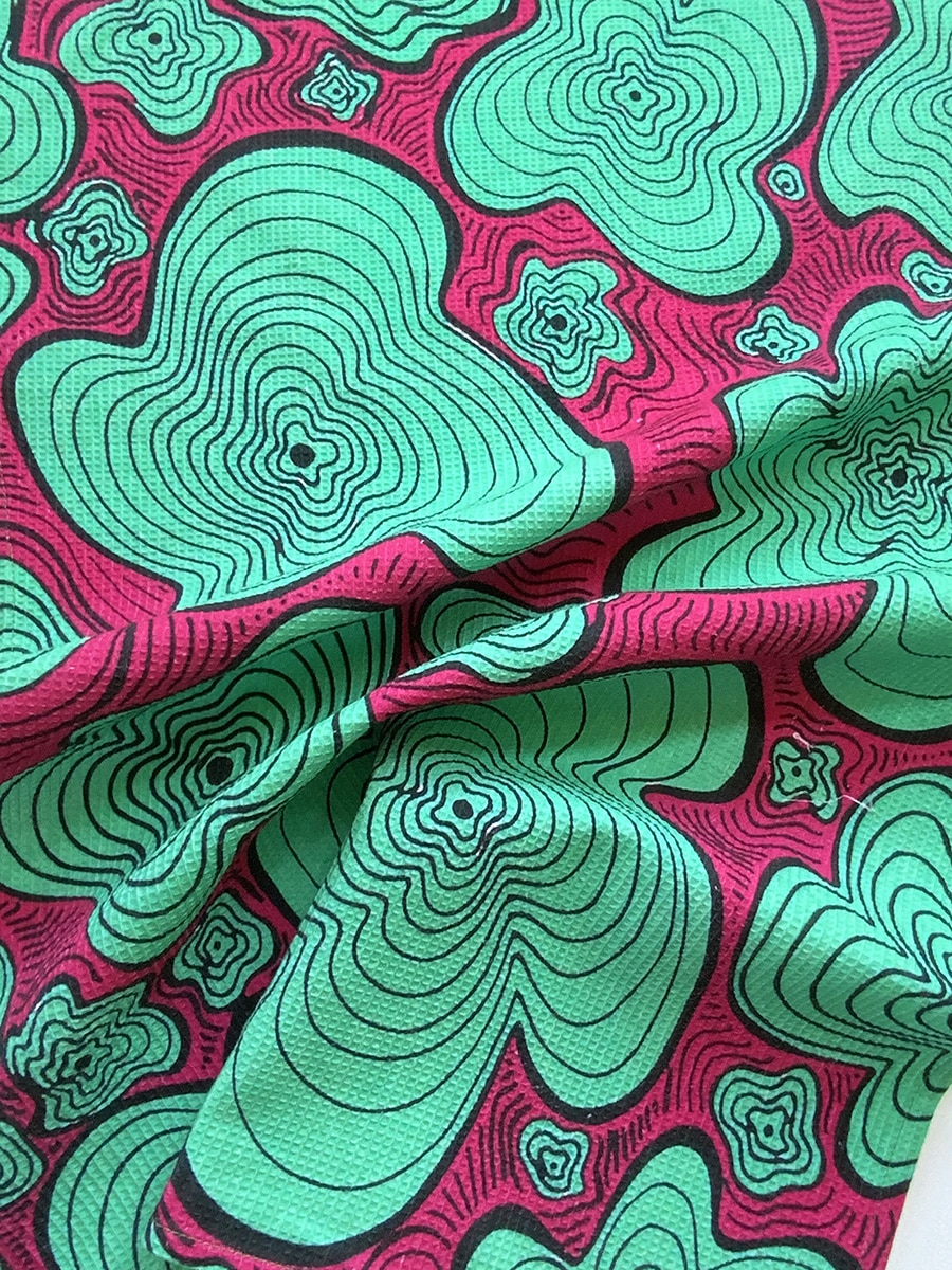 Tea towels-green-pink-squiggly-pattern-waffle