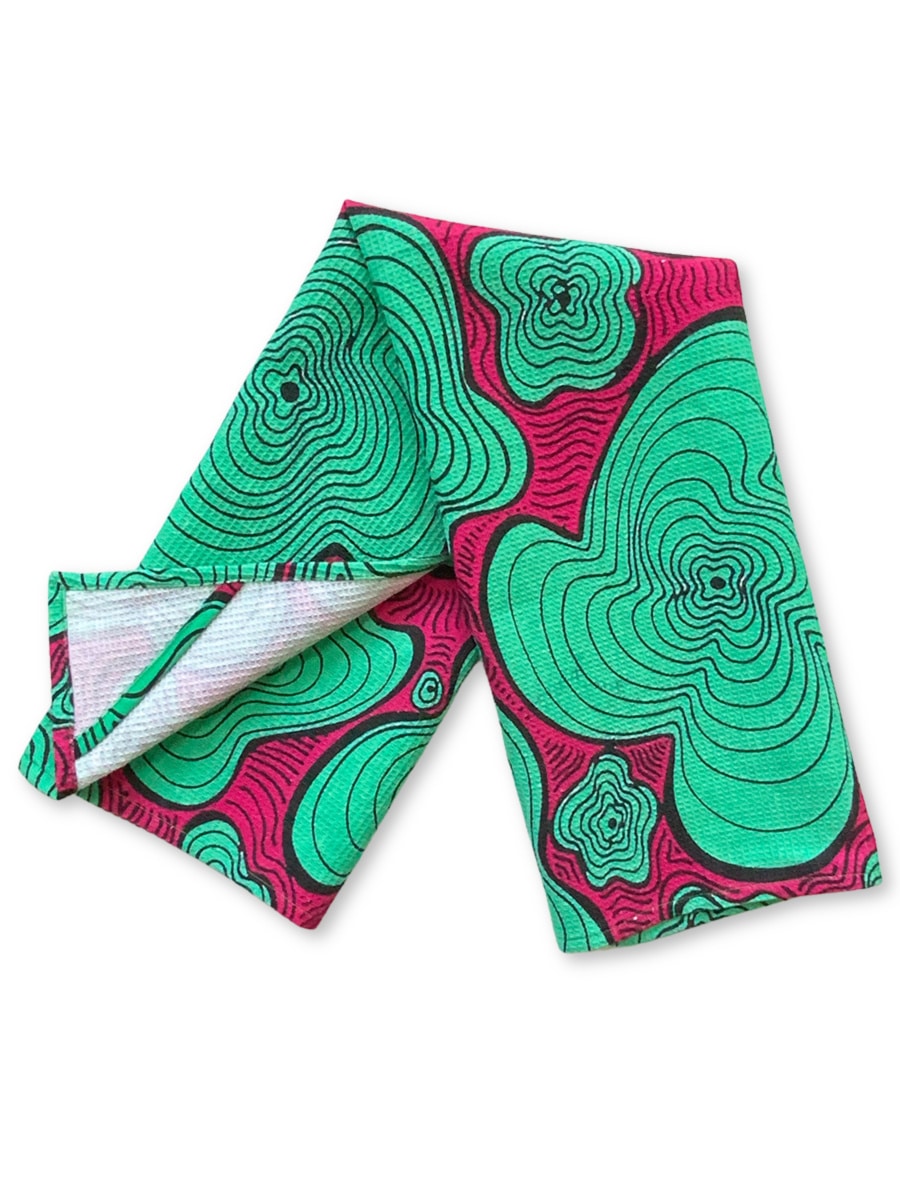 Tea towels-green-pink-squiggly-pattern-waffle