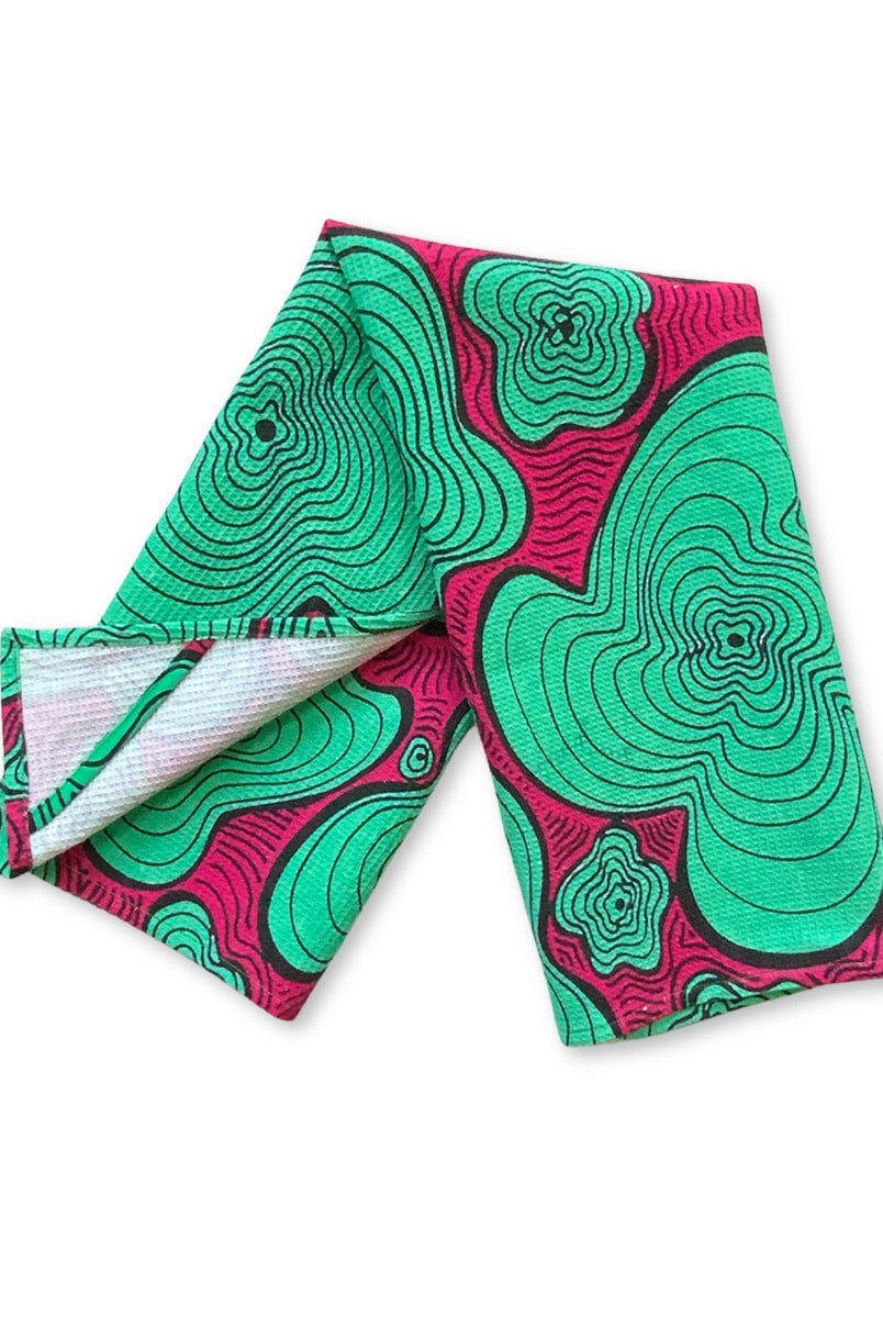 Tea towels-green-pink-squiggly-pattern-waffle