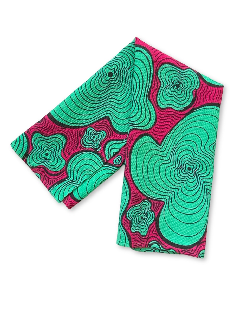 Tea towels-green-pink-squiggly-pattern-waffle