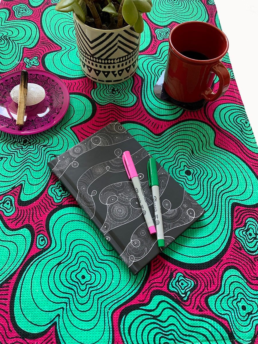 Tea towels-green-pink-squiggly-pattern-waffle